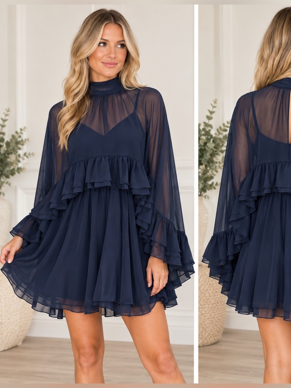Vici Navy Ruffle Tiered Chiffon Mini Dress